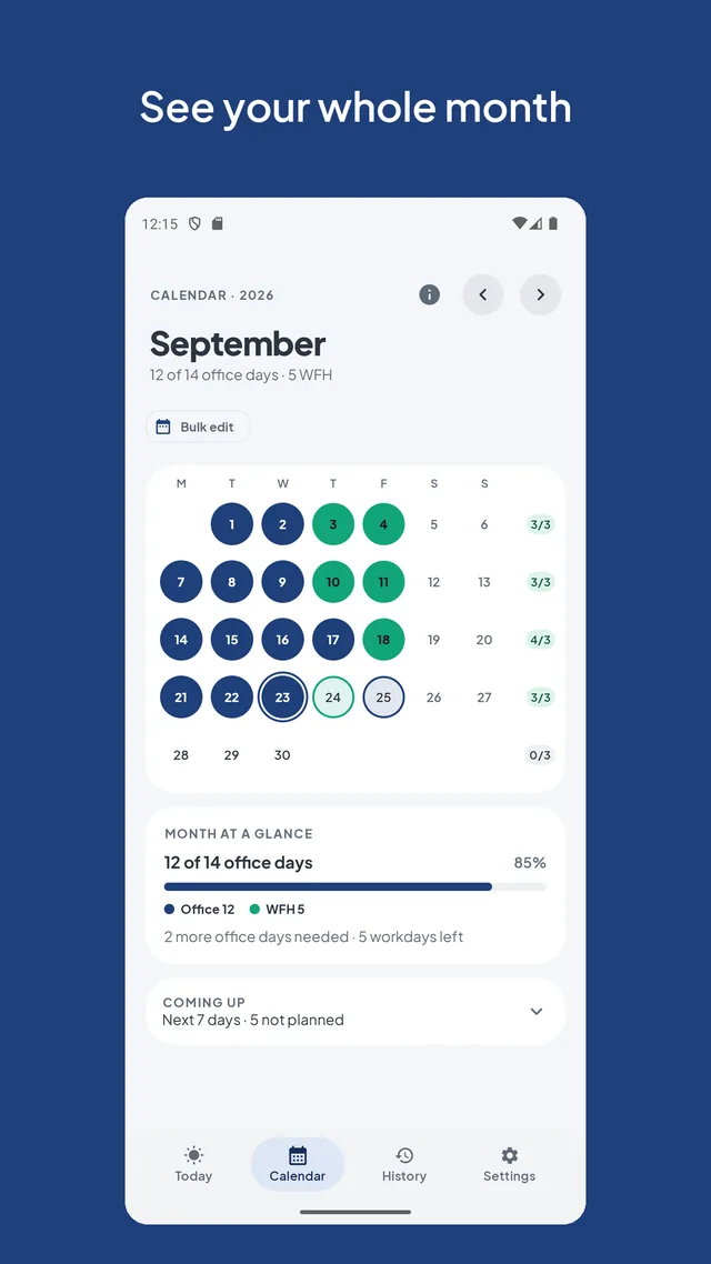 The OfficeTrack monthly calendar view
