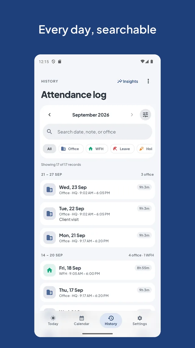 OfficeTrack searchable day history